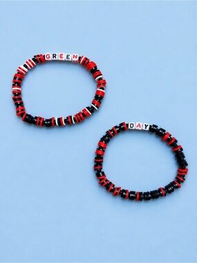Green Day Inspired Red Black & White Beaded Bracelet Set